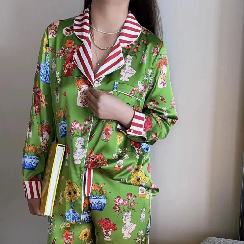 

Spring/Autumn Vintage Women's Pajama Set Vase Illustration Print Sleepwear Long Sleeve Pants Pijamas Sexy Mujer Satin Nightwear