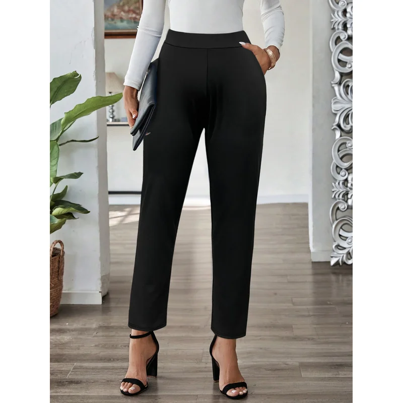 2025 Minimalist Slim Straight Trousers Women Regular Waist Breathable Slimming Solid Black Office Party  - view 3