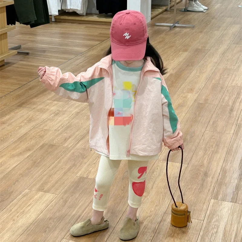 Coat Autumn New Korean Childrens Clothing Girl Color Loose Color Blocking Causal Time Motion Cardigan Open Stitch 2024