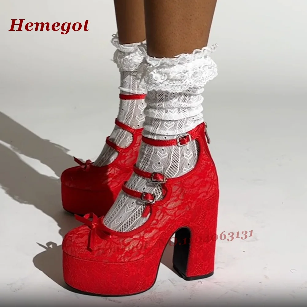 

Red Air Mesh Chunky Heels Sandals Platform Round Toe Buckled Cut Out Women's Pumps Back Zipper Solid Summer Lolita Shoes Casual