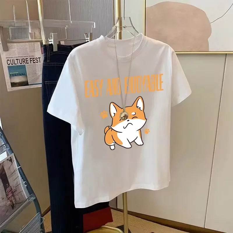 

Cotton Original Design Cartoon Creativity Easy and Enjoyable Corgi Printed Men and Women Summer Loose Casual Round Neck Y2k Top