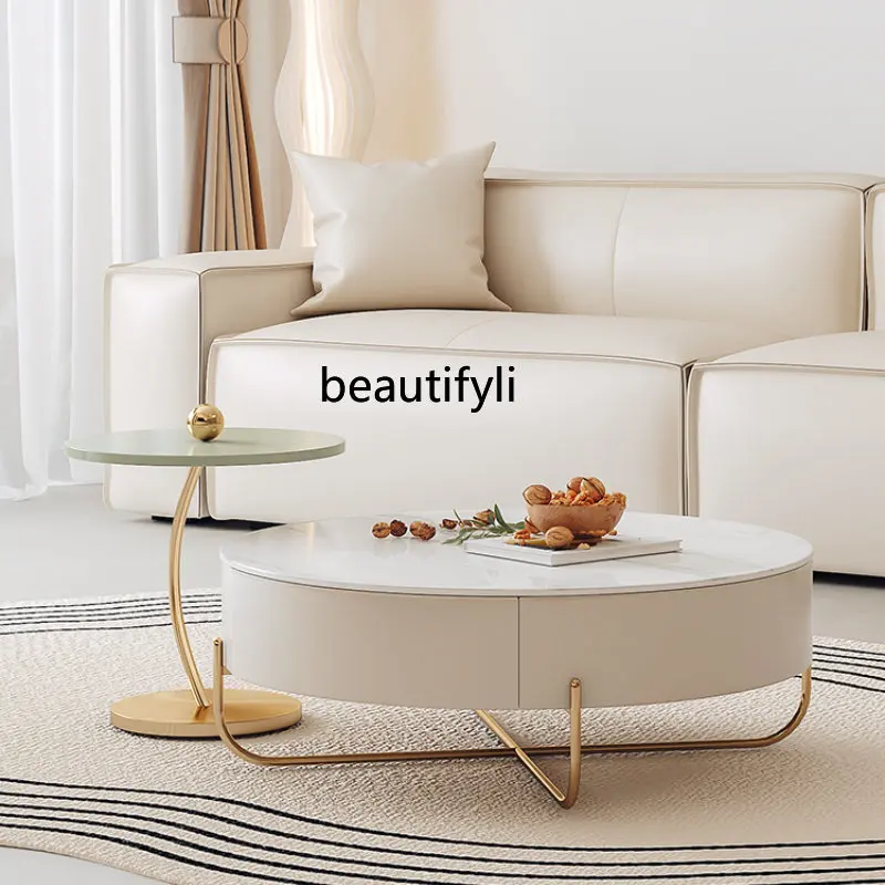 

yj Nordic Light Luxury Stone Plate Coffee Table Combination Italian Minimalist round Cream Series Tea Table