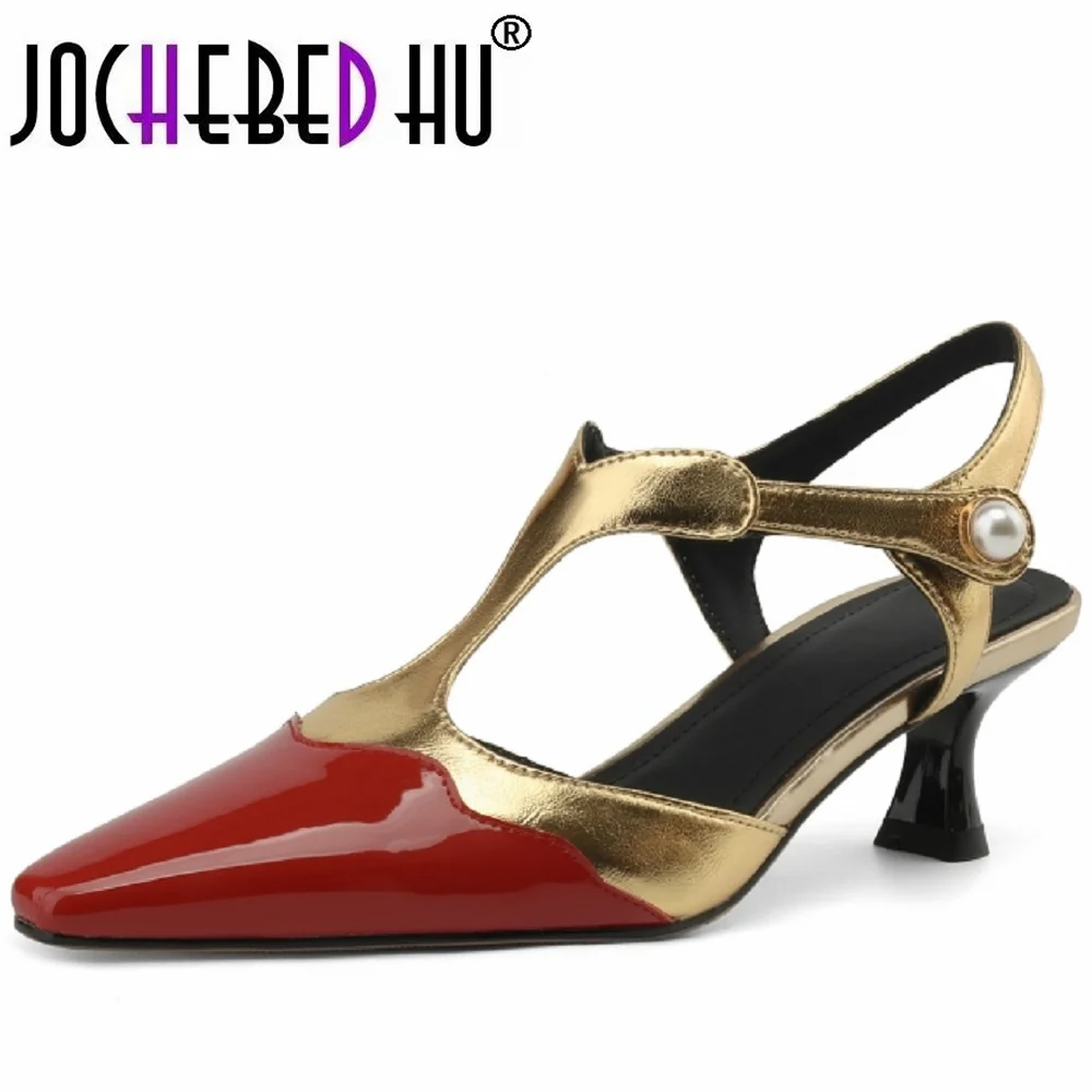 

【JOCHEBED HU】Woman Concise Genuine Leather Mixed Color Pointed Toe Single Shoes Med Thin Heels Shallow Pupms For Lady 33-40