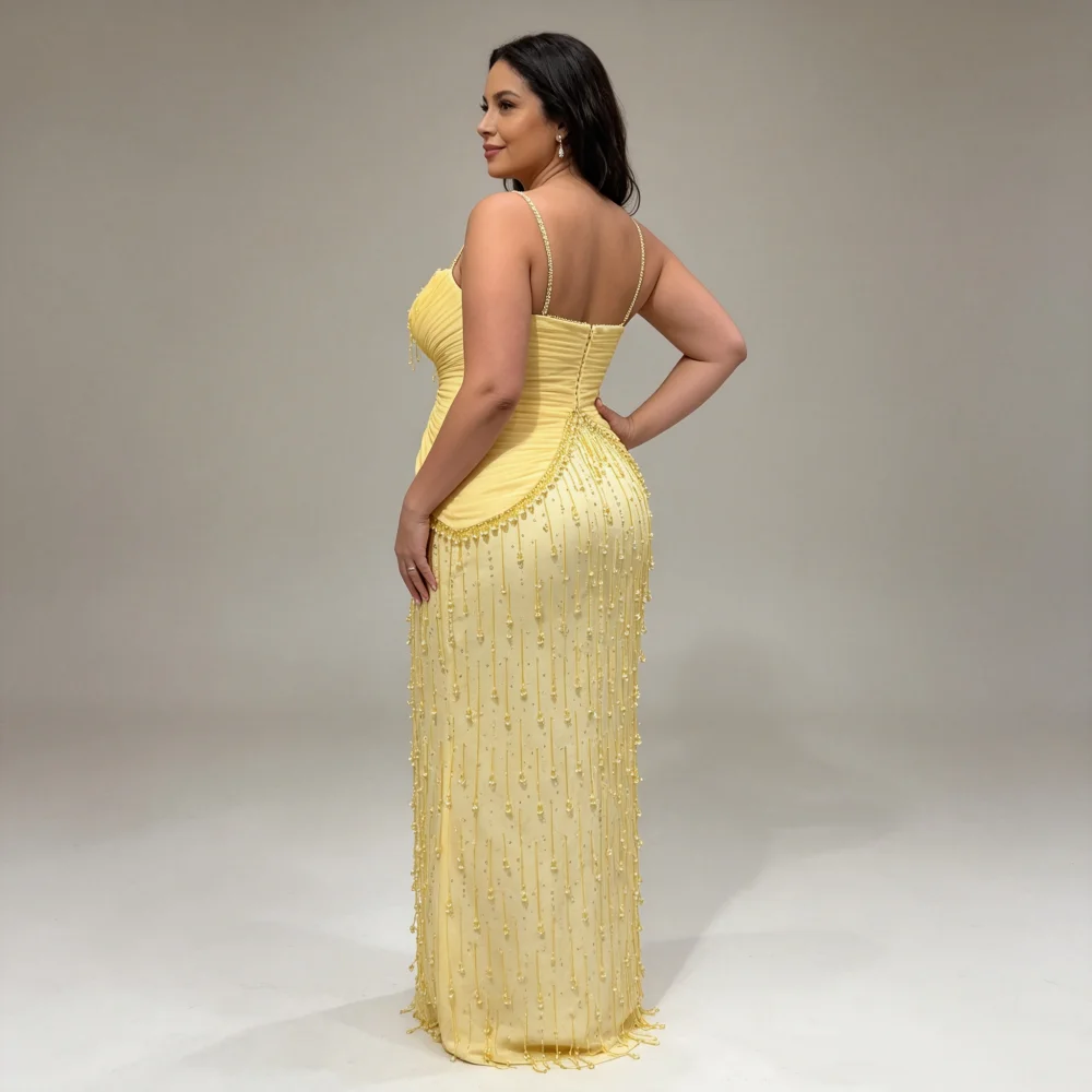 Customized Yellow Spaghetti Strap Pleated Draped Mother Of Bride Dresses Crystal Tassel Mermaid Train Formal Wedding Guest Gown
