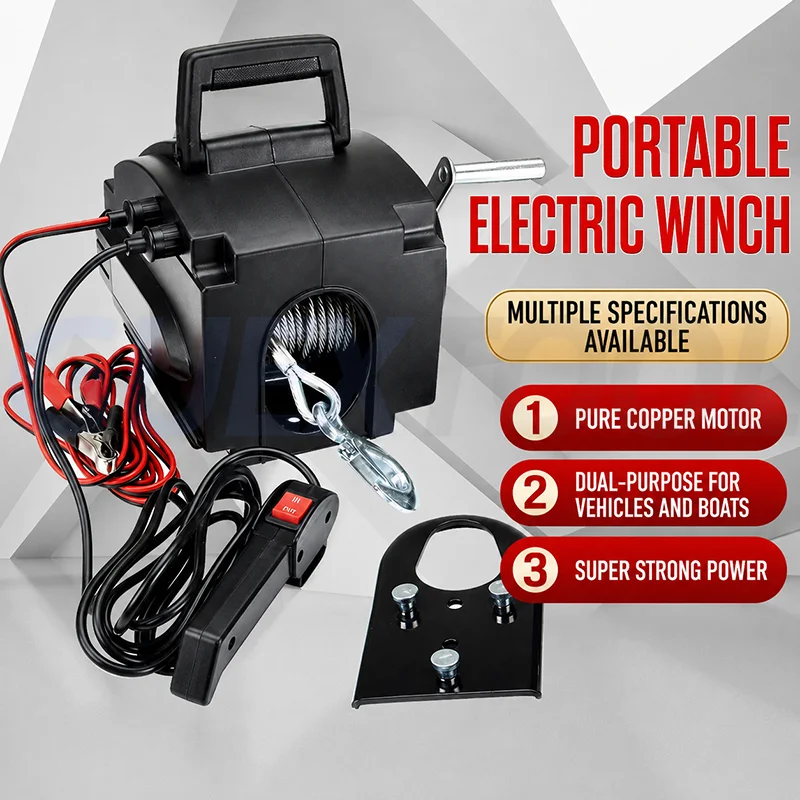 12V Portable Electric Winch Heavy Duty Steel Wire Rope Puller with Remote Control for Car Boat Trailer Rescue Lifting