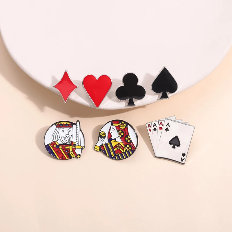 Red Peach Heart Plum Blossom Playing Cards Enamel Pins Creative King Queen Cards Metal Brooches Collar Lapel Badge Jewelry Gift