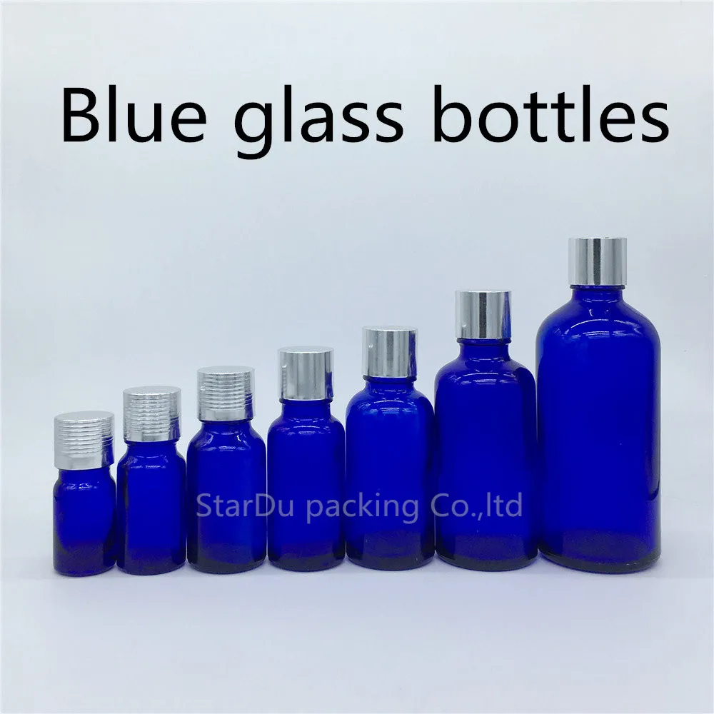 5ml 10ml 15ml 20ml 30ML 50ml 100ml Blue Glass Bottle, Essential Oil Blue Bottle With Silvery Screw Cap Perfume Bottle 200pcs