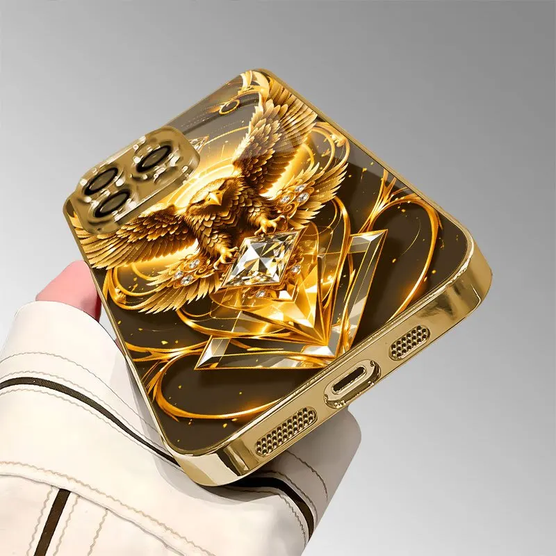 Gold eagle pattern electroplated glass phone case, suitable for iPhone 17/16/15/14/13/12/11, etc.The top choice for giving gifts