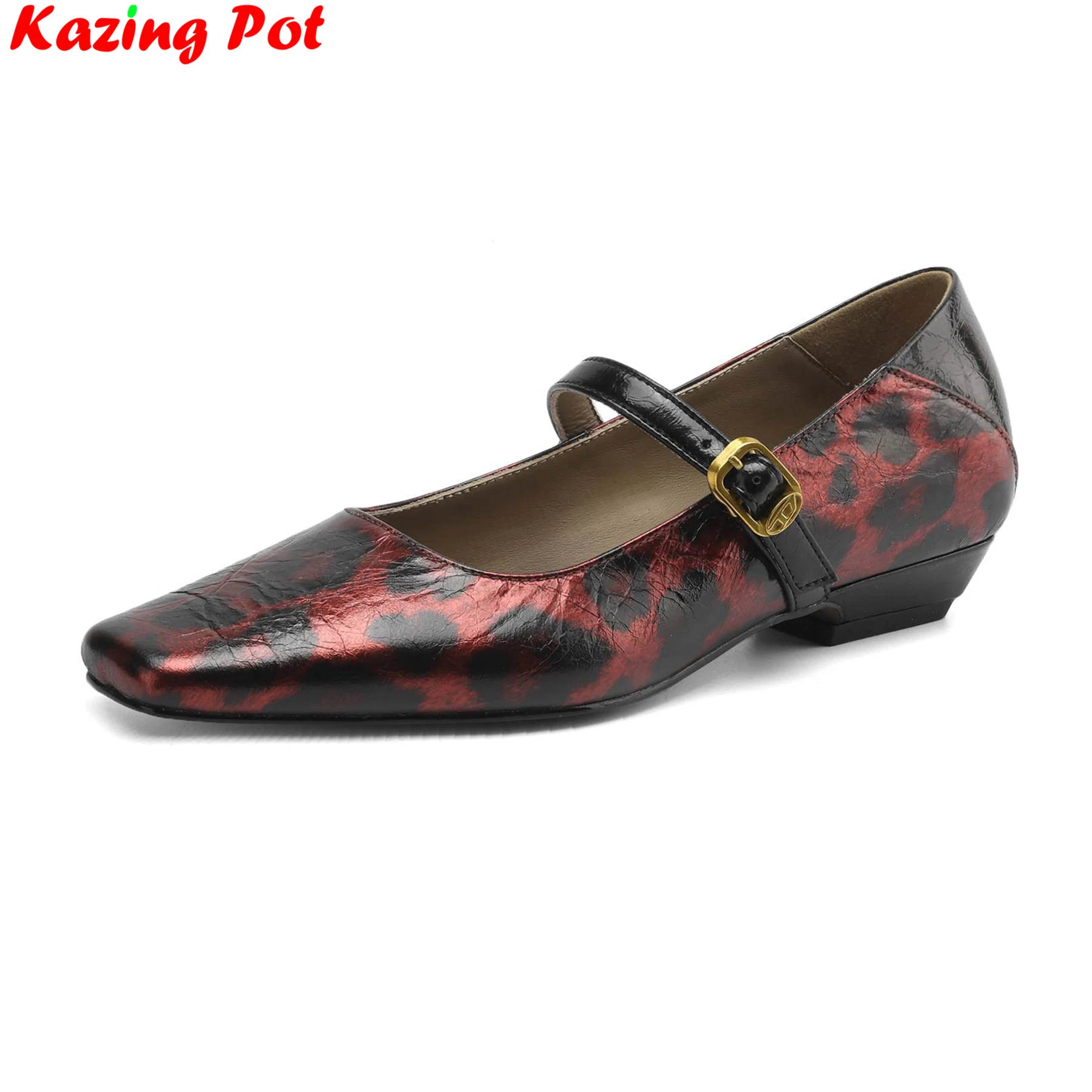 

Krazing Pot Plus Size Print Cow Leather Leopard Low Heels Summer Mary Janes Office Lady Shallow Party Elegant Luxury Women Pumps