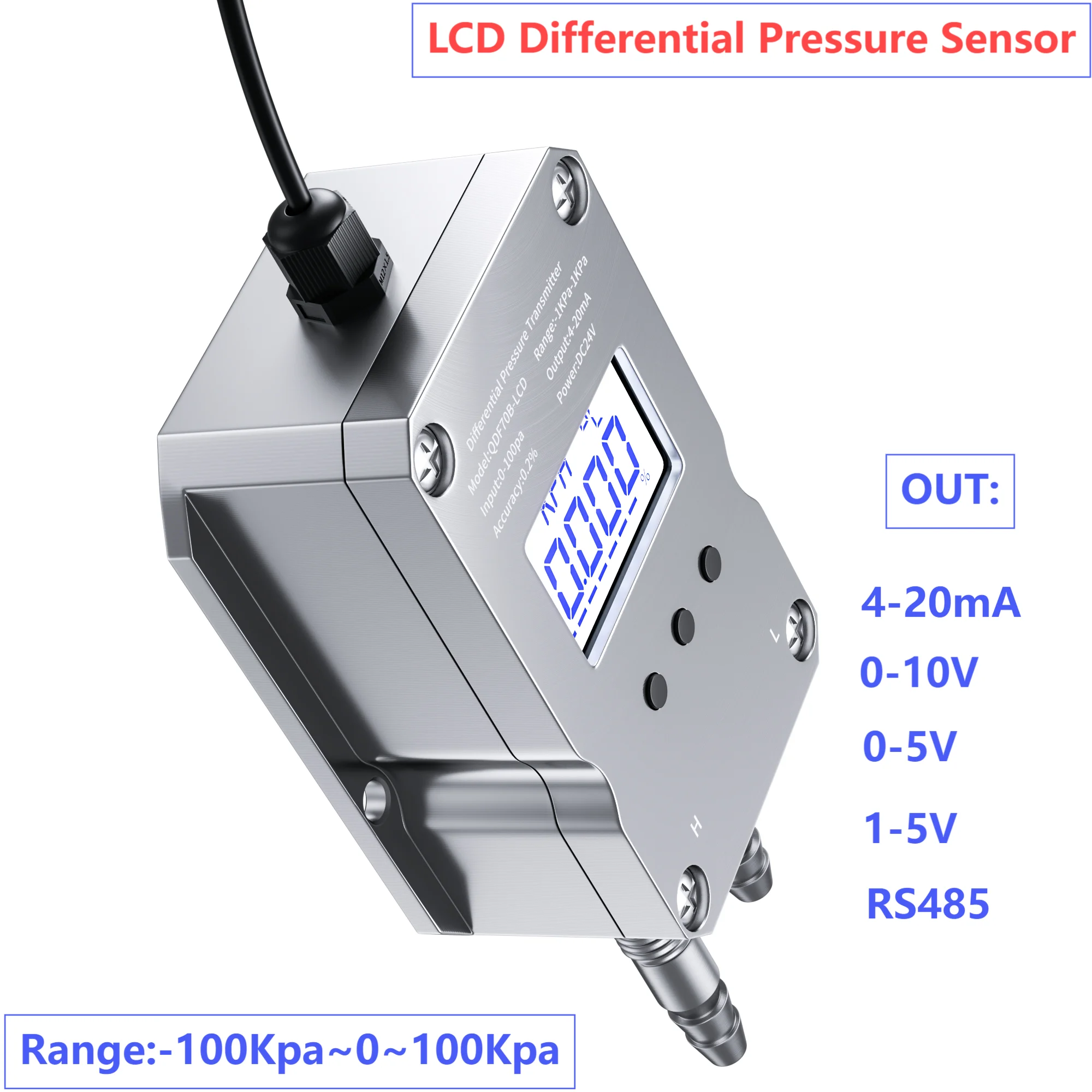 

LCD Differential Pressure Sensor 0-10V 0-5V RS485 Wind Pressure Transmitter 400Pa 300Pa 3Kpa Air Differential Pressure Sensor