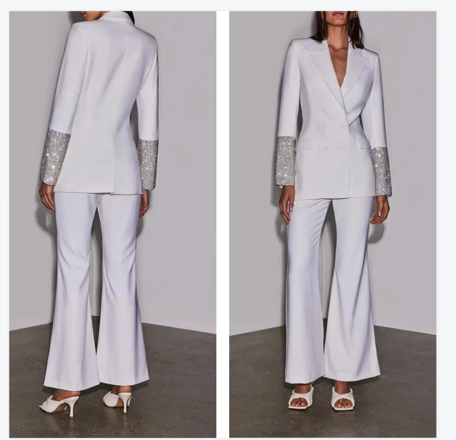 

White Women Suit Set 2 Pcs Blazer+Pant Trousers Luxury Crystals Sleeves Formal Office Lady Jacket Customized Wedding Tuxedos