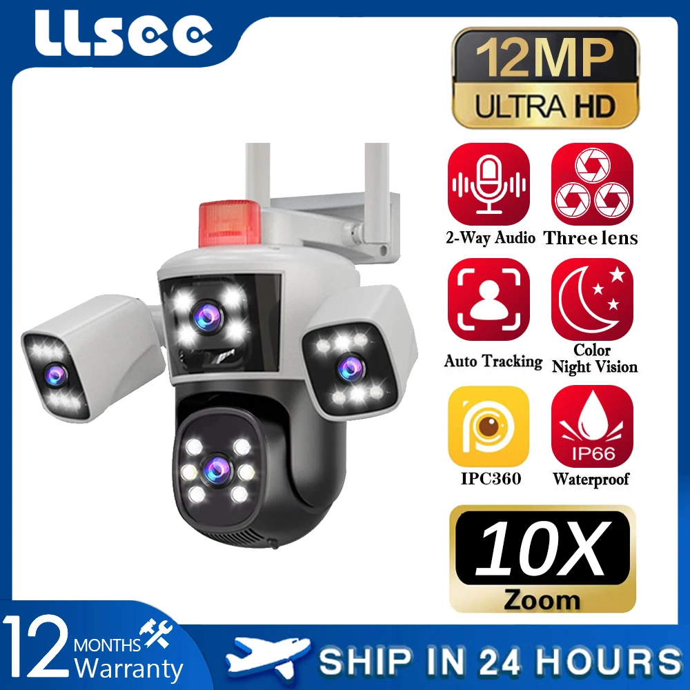 

LLSEE WiFi monitoring camera 12MP 6K 3 lenses CCTV outdoor WiFi camera WiFi monitoring camera IP camera PTZ security protection