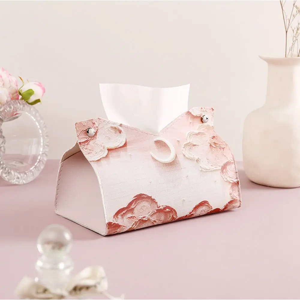 

Aesthetic Leather Pink Tissue Case Large Storage Durable Napkin Holder Oil Painting Creative Car Tissue Box Office