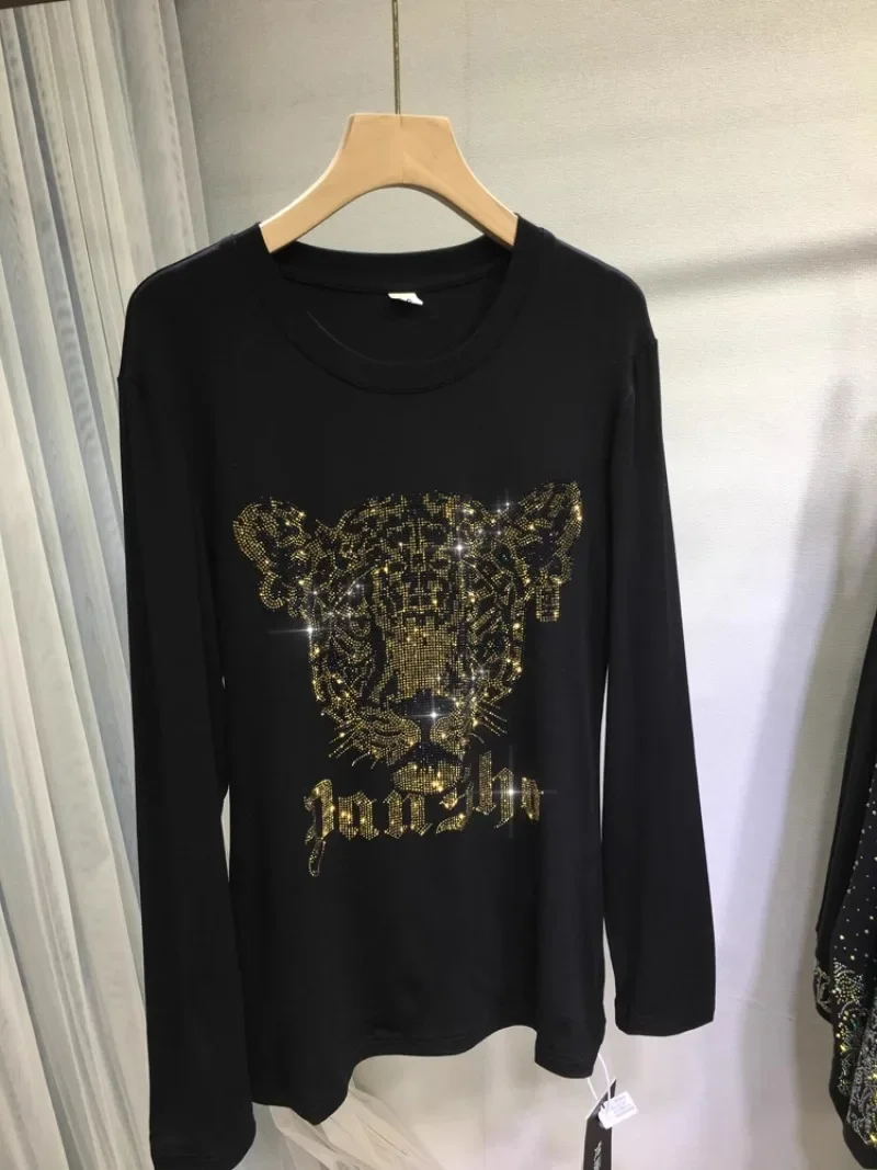 Diamond Drills Bottoming Shirt Female Cartoon Leopard O-Neck Loose Long-sleeved Black T-shirt Inside Autumn And Winter Thin Tees