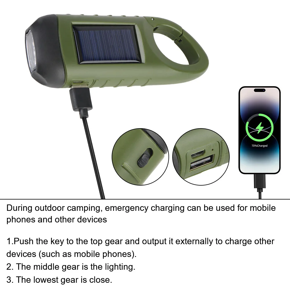 Portable USB Charging for Outdoor Camping Hiking Survival Gear Solar Powered LED Flashlight Hand Crank Dynamo Flashlight