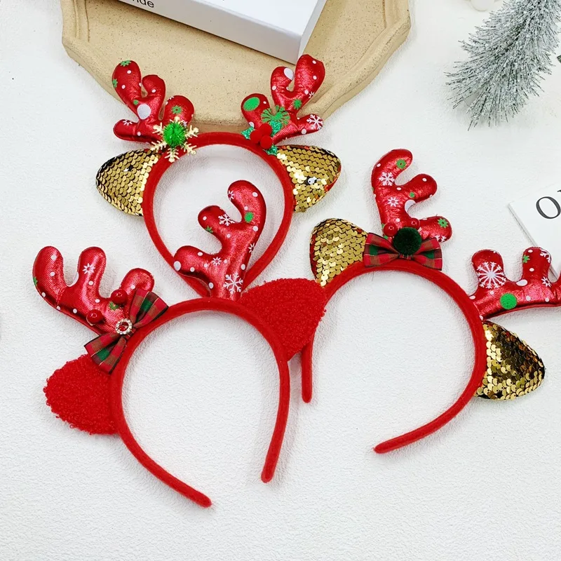 Cartoon Snowflake Print Elk Antlers Sequined Ears Headband Christmas Party Decoration Supplies Performance Props