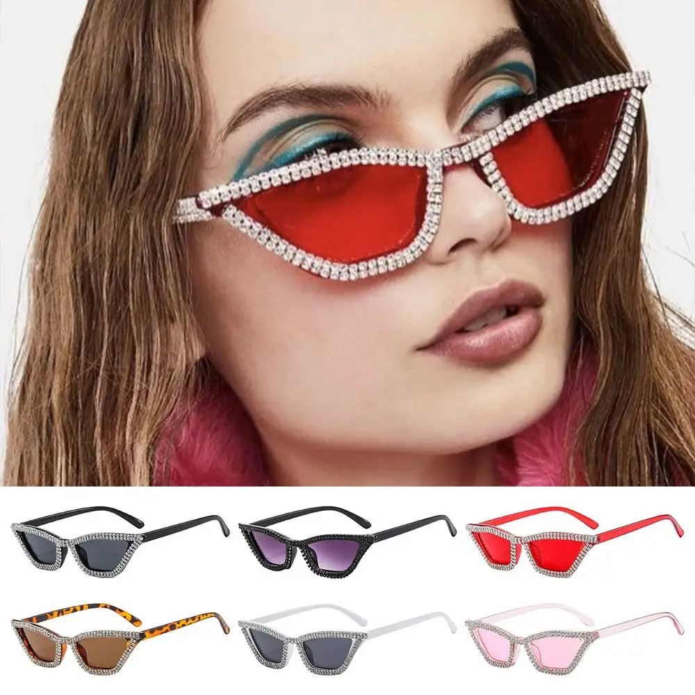 Small Cat Eye Sunglasses Trendy Diamond Crystal Disco Party Sparkling Shades Triangle Frame Glitter Sun Glasses for Women