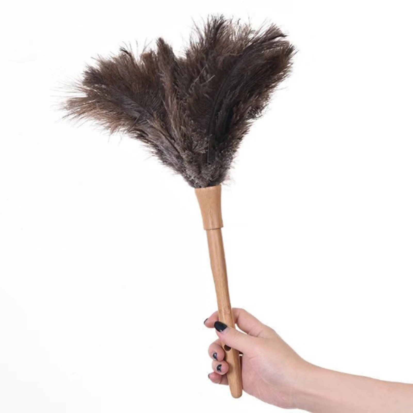 Fluffy Natural Ostrich Feather Duster Wooden Handle Household Cleaning Tool