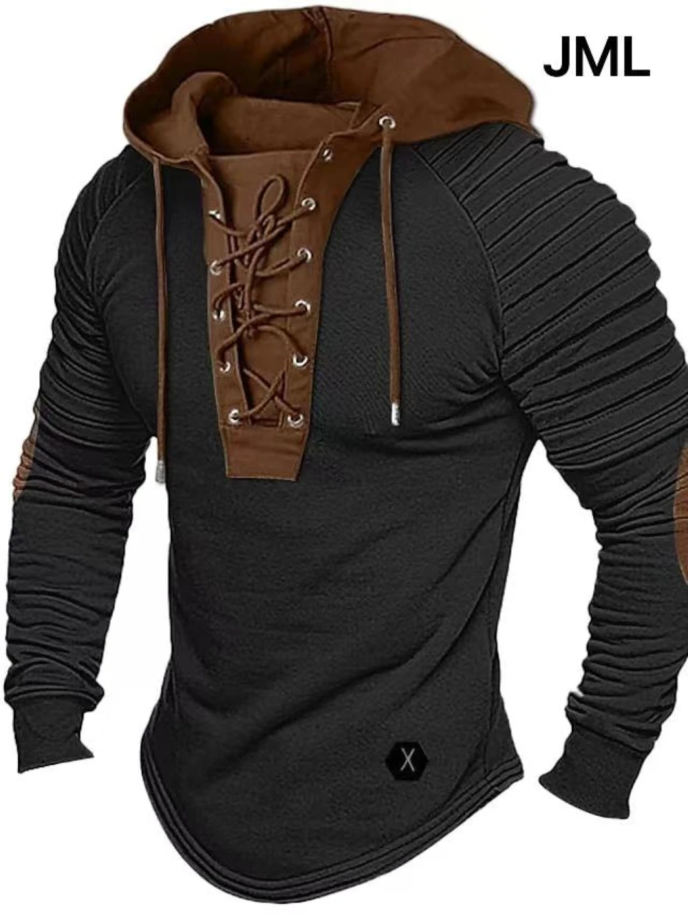 Men\'s Solid Color Casual T-shirt Top, Long Sleeved Shirt, Slim Fit Pleated Hood, Street Vacation Lace Up Patchwork Clothing