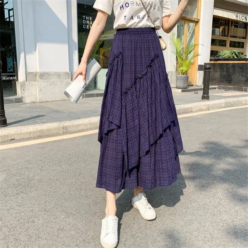 2024 Summer Retro Plaid Long Women New High Waist Slim Casual Simple Contrast Color Irregular Big Swing Skirt Free Shipping