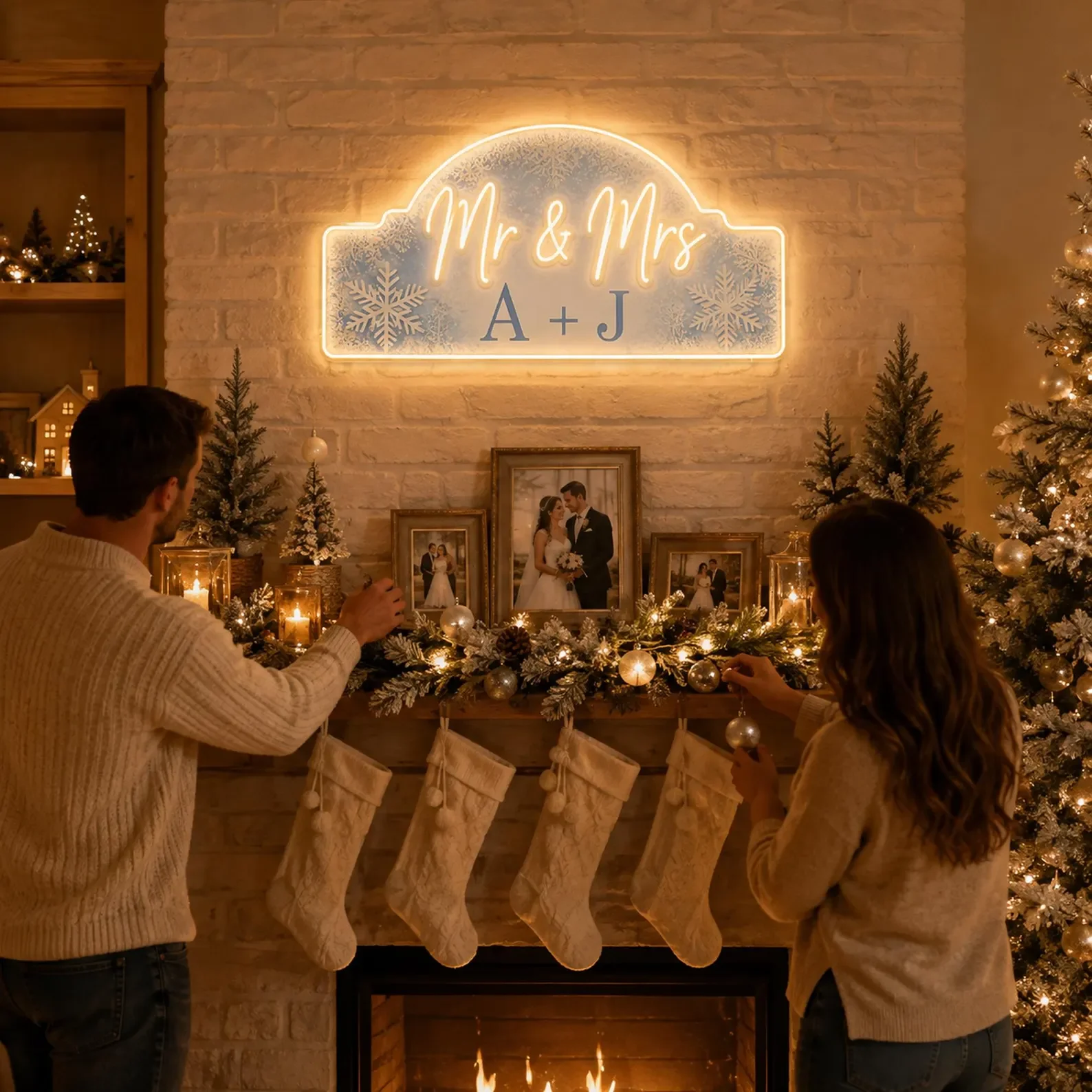 Winter Wedding Neon Sign,Custom Mr and Mrs Initials,Blue Snowflake Acrylic Backdrop For Sweetheart Table and Newlywed Home Decor