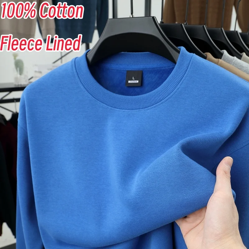 100% Cotton Thick Basic Clothing Men Autumn Winter Round Neck Fleece-Lined Warm Hoodies Casual Long Sleeve Male Thermal Tee Tops