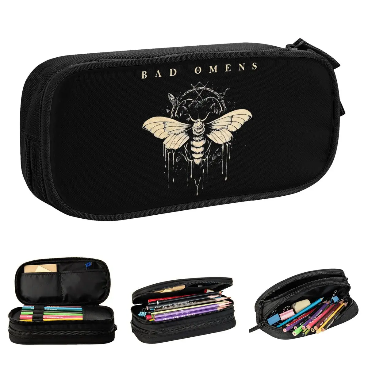 Bad Omens Moth Pencil Case Music Band Pencilcases Pen Box for Girl Boy Big Capacity Bag Office Zipper Stationery