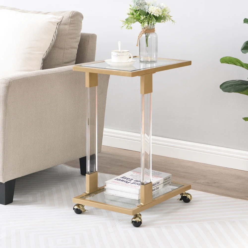 Golden Side Table Acrylic Sofa Table Glass Top C Shape Square Table with Metal Base for Living Room Bedroom Balcony Home Office