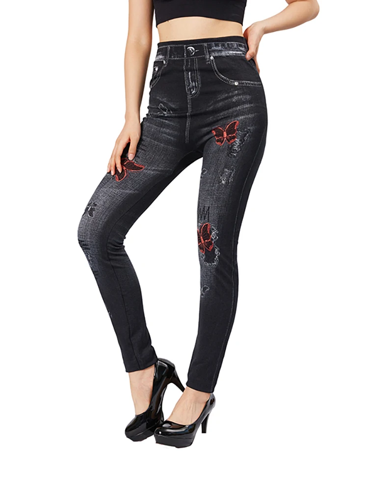 YSDNCHI High Stretch Women Yoga Leggings Sexy Red Butterfly Print Female Black Fake Jeans Slim Fit Faux Denim Pencil Pants