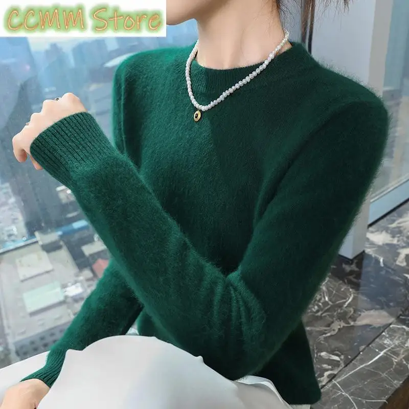 

Autumn winter women's semi high neck pullover sweater solid color knitted slim fit women's mink cashmere sweater new sty