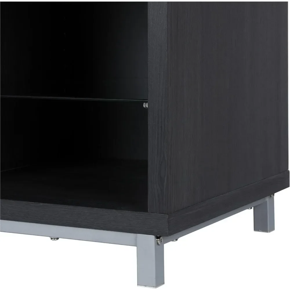 Lareira Black Oak Stand com 6 prateleiras abertas, suporte de TV moderno, componentes de áudio, filmes, Blu-Rays, até 70"