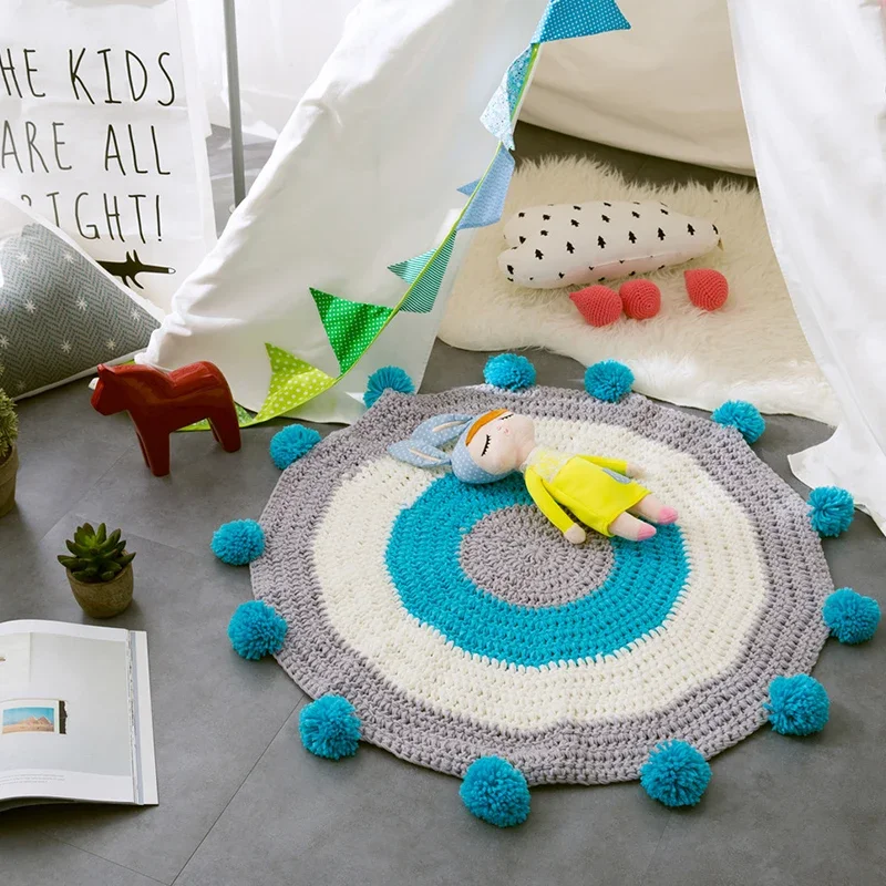 

Knit Handmade Baby Kids Carpet Knitted Pom Pom Tassels Rugs