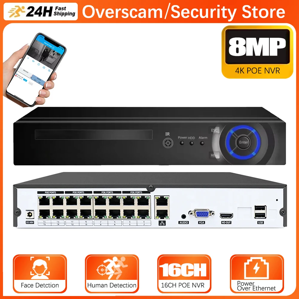 H.265 16CH 4K 8MP 5MP 4MP 2MP POE NVR P2P Remote View Network POE NVR For IP Camera Surveillance CCTV Set Onvif Human Detection
