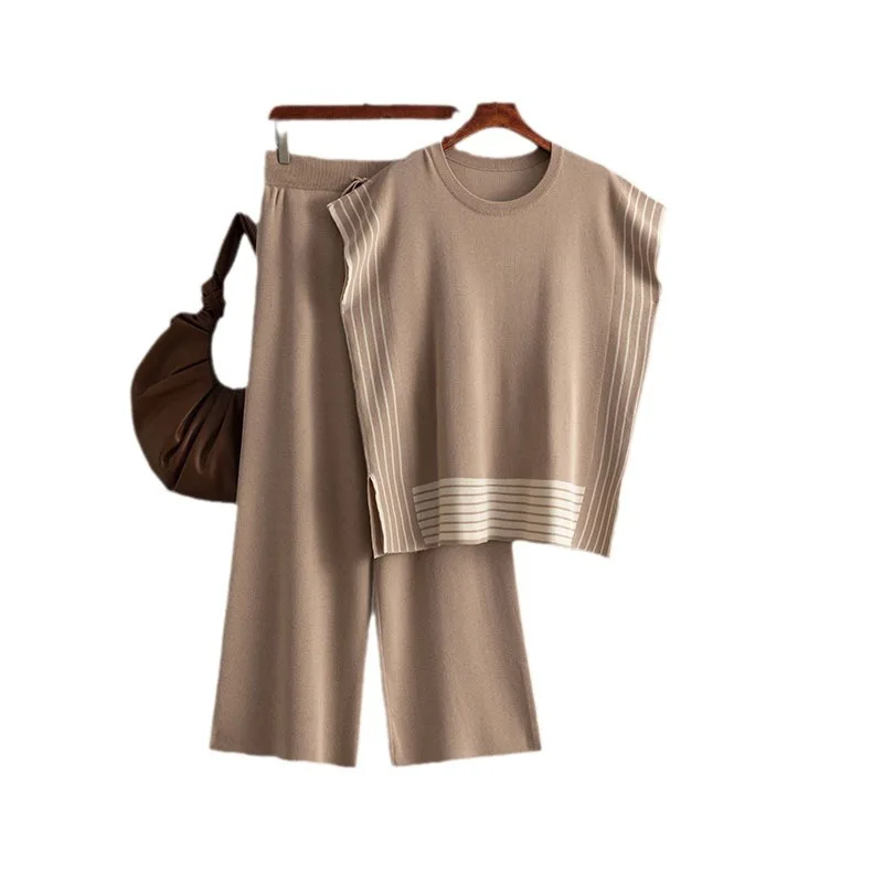 

Fashion set women's striped patchwork round neck loose knit sweater two-piece set