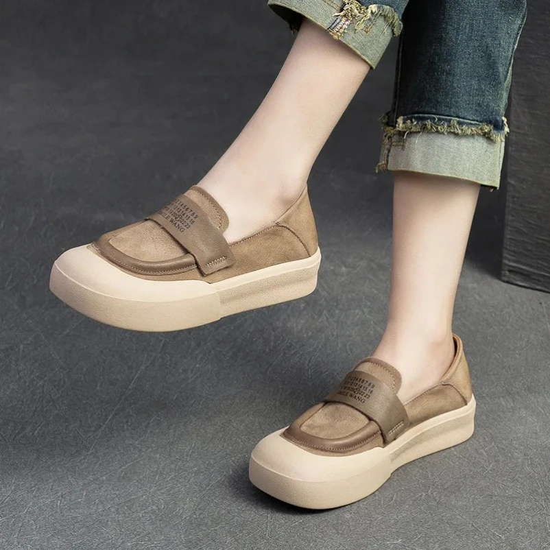 

2025 Fashion Spring Shoes Women Slip On Flat Loafers Shallow Real Cow Leather Literary Style Thick Bottom Lazy Shoes