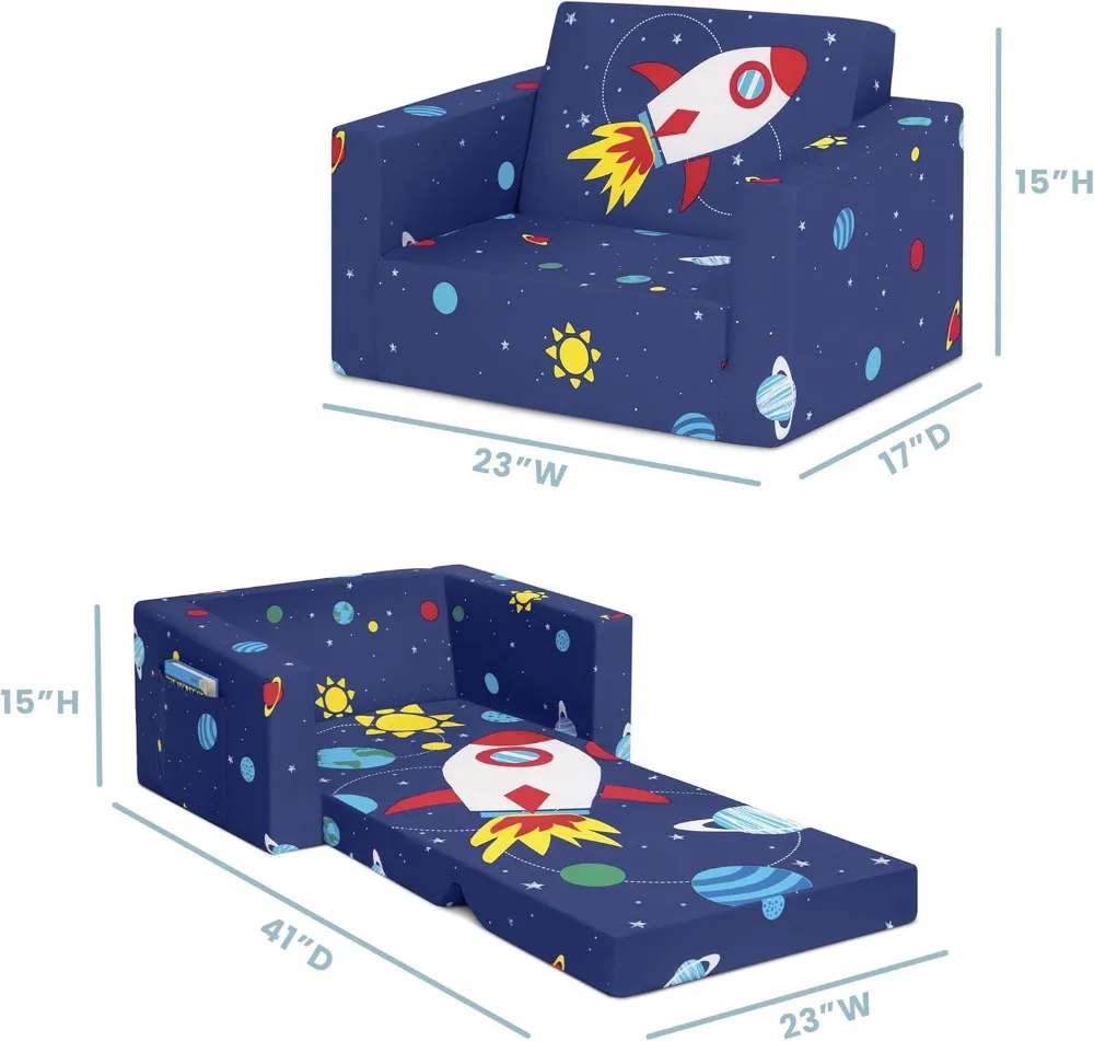 2-in-1 어린이용 소파 겸 침대, 폼 소재, 얼룩 방지 세탁 가능 커버, 사이드 포켓, 우주 테마