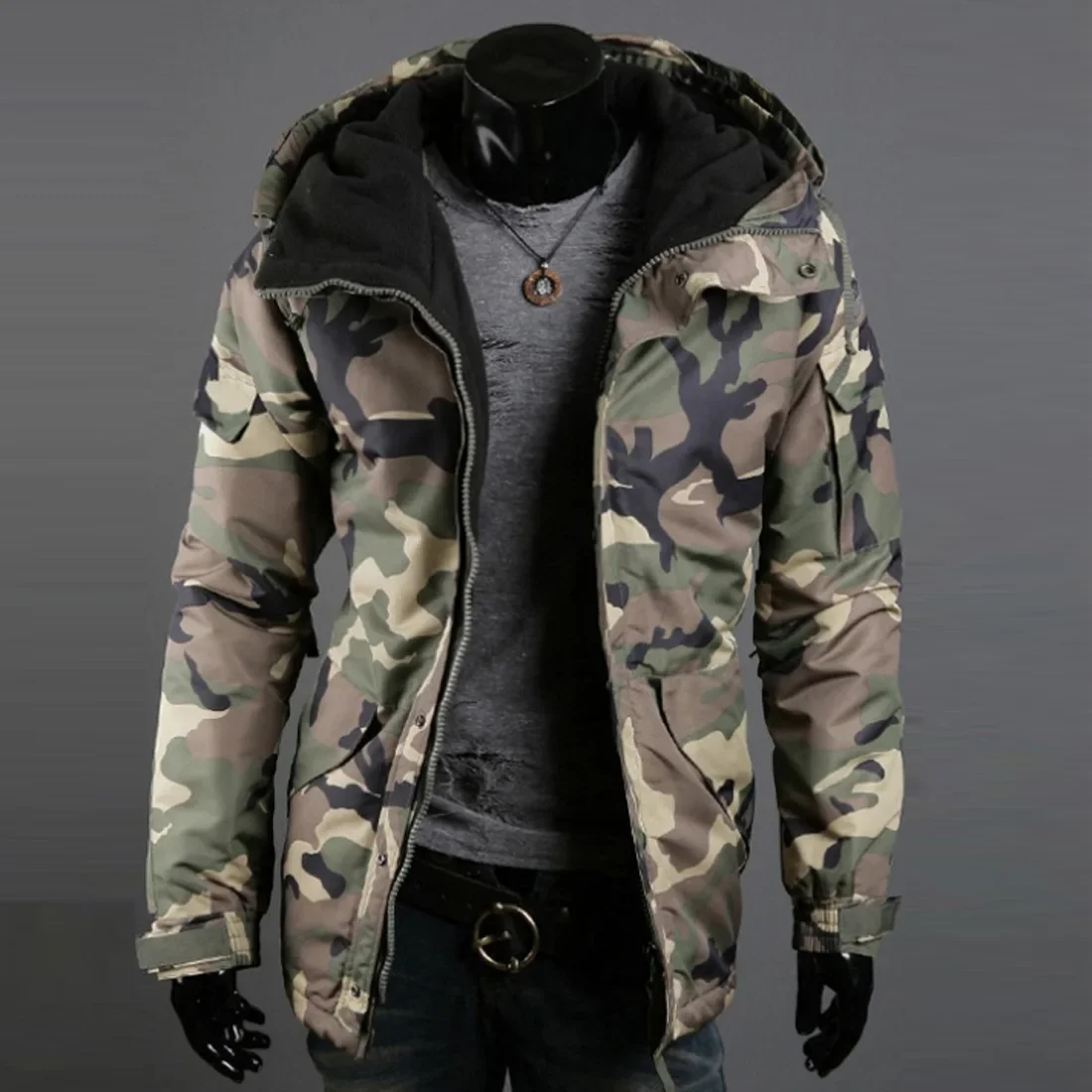 

Winter Men Down Jacket Streetwear Fashion Printed Hooded Man Cargo Coat Long Sleeve Pocket Zipper Loose Male Outerwear