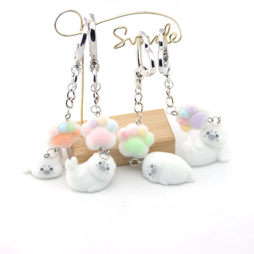 1/4pcs Original Design 3D Flocking Resin Seal Keychain Kawaii Cartoon Animal Seal Pendant for Bag Phone Charms Making Handicraft