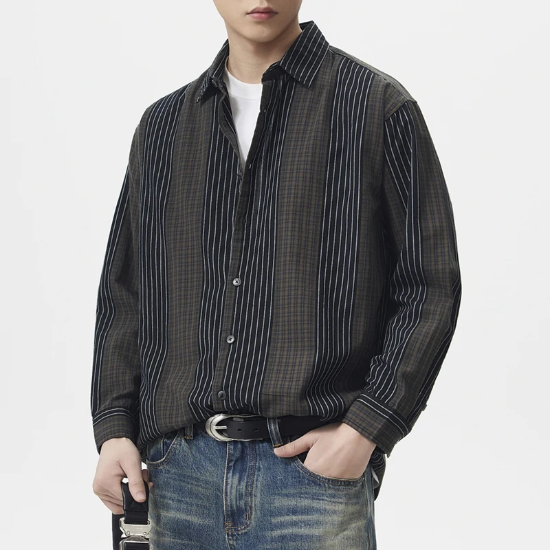 

Cotton Stripe Splice Plaid Shirt Men Japanese Streetwear Cityboy Fashion Loose Casual Long Sleeve Shirts Male Commute Shirt