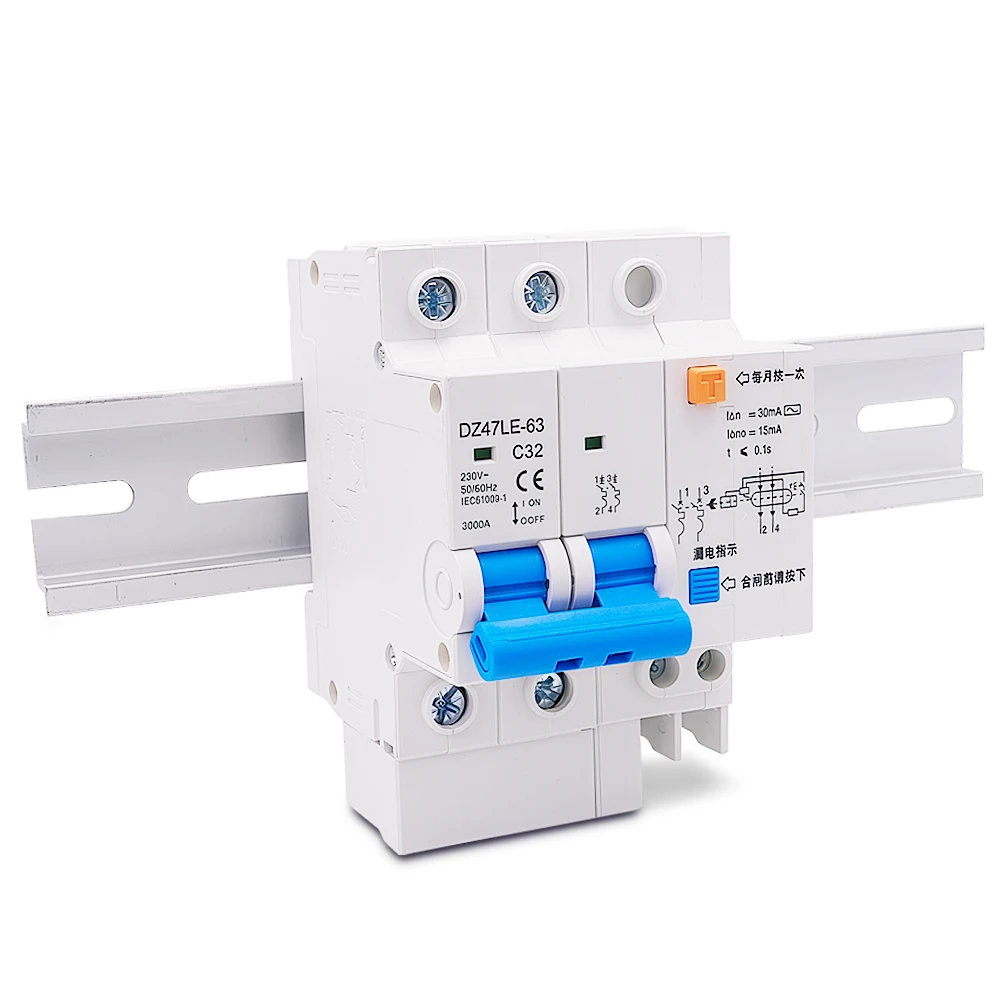 1 Pcs DZ47LE-2P Earth Leakage Breaker – 2 Pole, Overload/Short Circuit Protection, for Home/Industrial Distribution Box