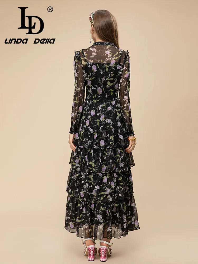 LD LINDA DELLA 2023 Summer Runway Designer Vintage Dress Women\'s Long Sleeve High Waist Cascading Ruffle Splice Chiffon Dress