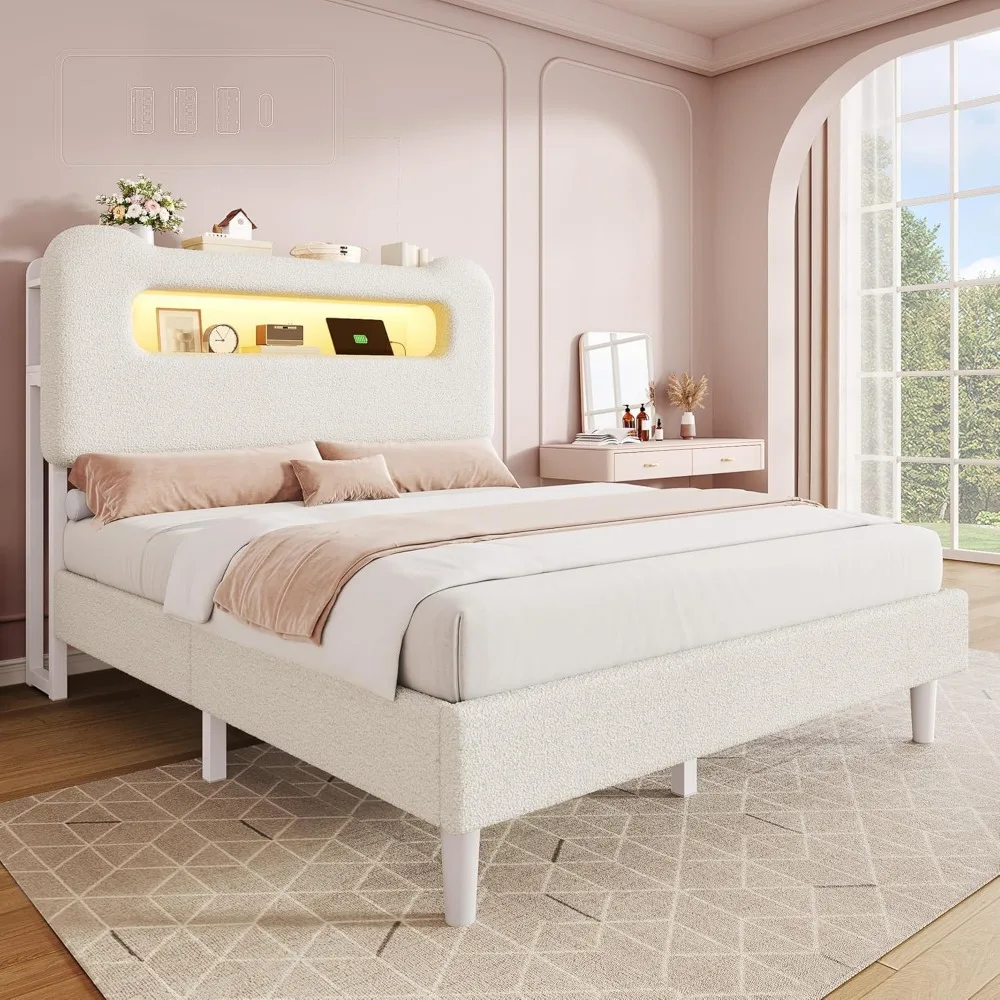 إطار سرير كامل الحجم، سرير منجد بوكل مع لوح رأسي للتخزين، سرير LED مع USB ومنفذ، لا حاجة إلى صندوق زنبركي، كريمي #1