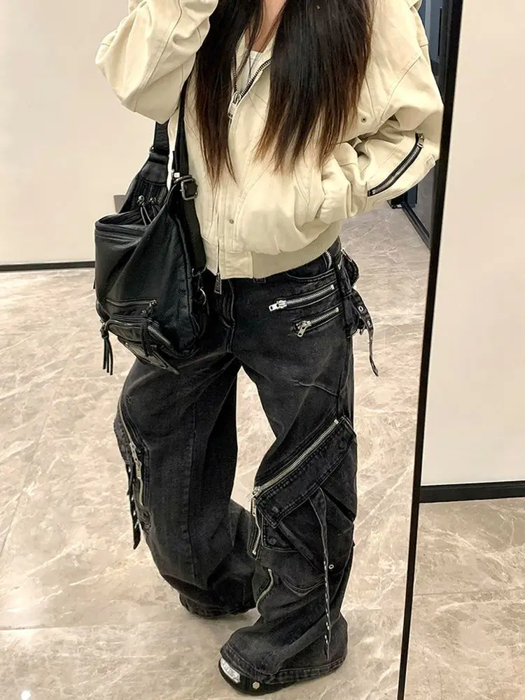 Celana Jeans Baggy Kargo Hitam Wanita Garis Y2K American High Street Harajuku Estetika Desain Vintage Celana Jeans Kaki Lebar Pakaian