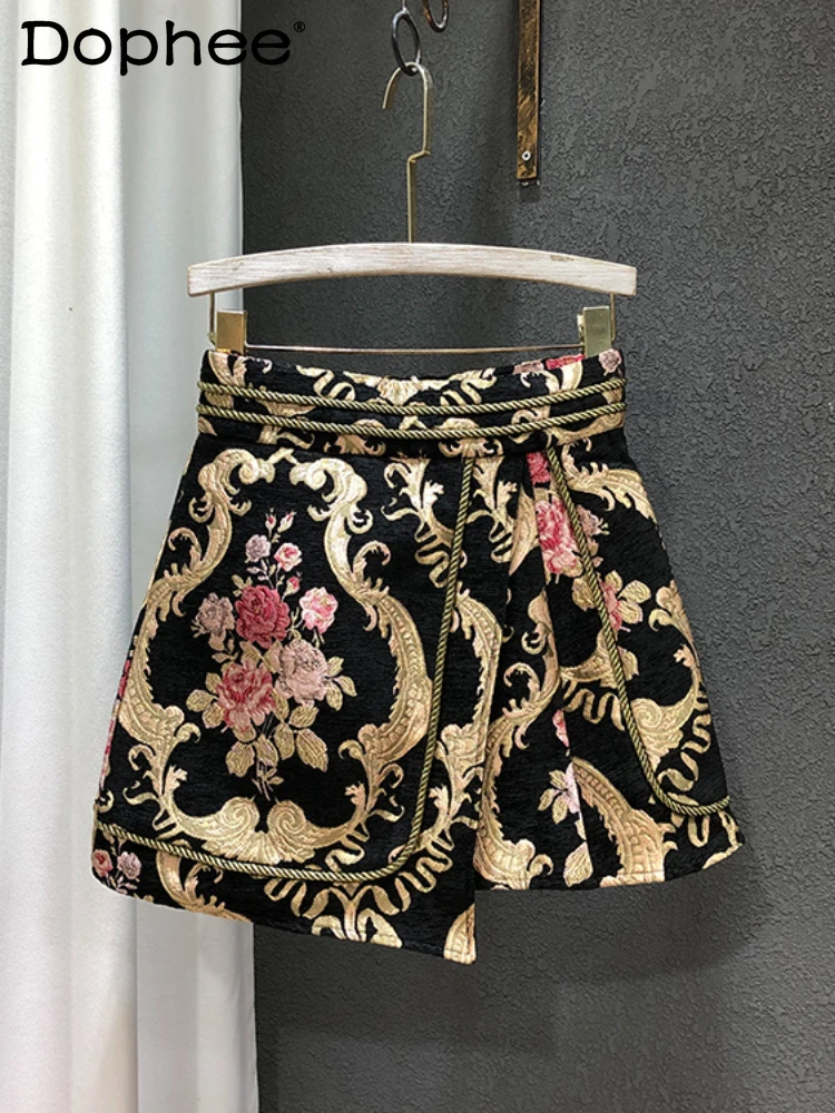 

Vintage Palace Style High Waist A- Line Skirt Women Autumn and Winter New Retro Color Jacquard Asymmetric Short Skirts Female