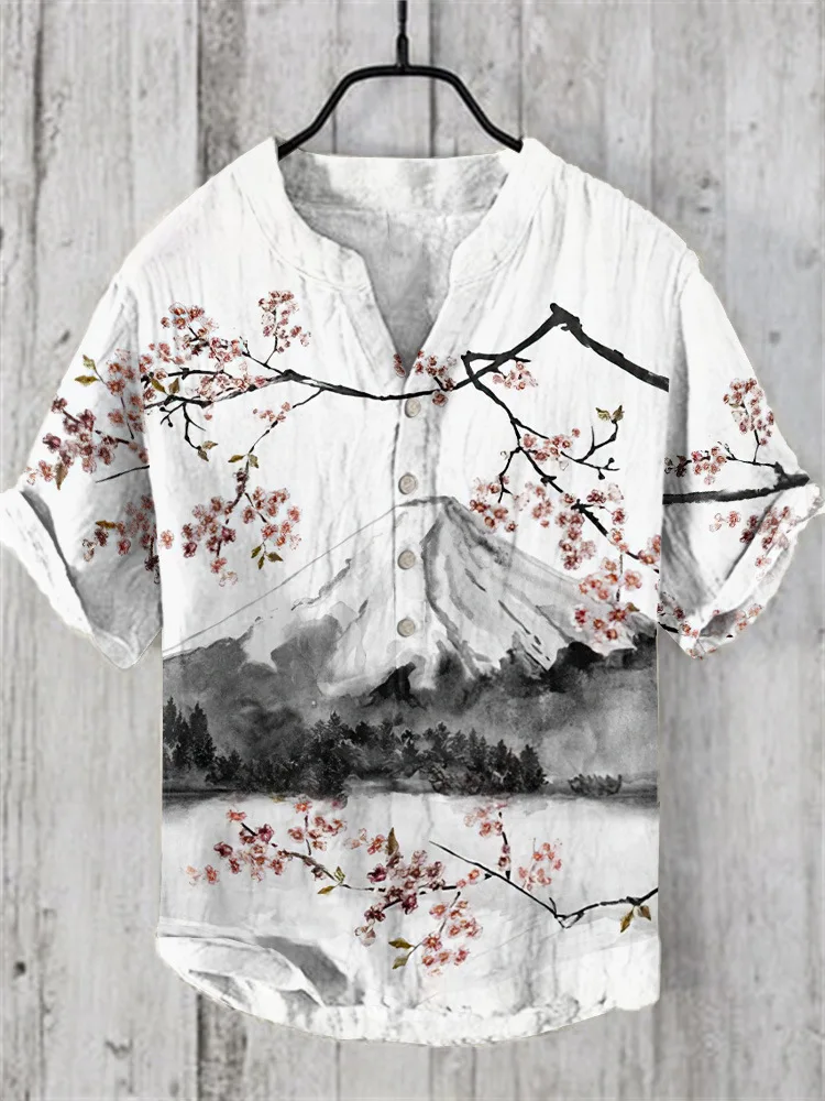 New ink cherry blossom mountain print stand collar short-sleeved shirt foreign trade fashion casual loose bamboo linen shirt top