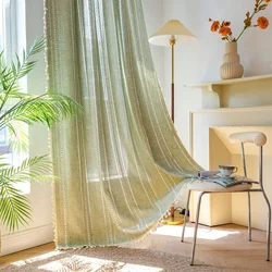 Cotton Linen Blending Curtains Road Pocket Shade Curtain Tassel for Kitchen Bedroom Living Room Bay Window Cabinet Curtain