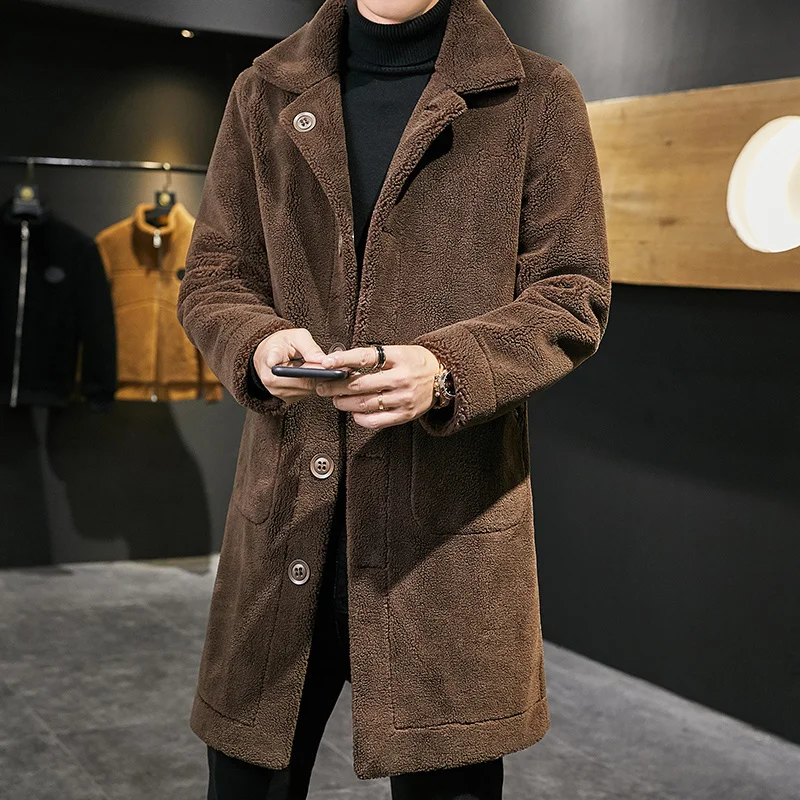 Reversible Winter Jacket Men Black Brown Suede Fleece Warm Coat Men Faux Fur Coat Long Thick Jacket Mens Wool Blend Trench Coat