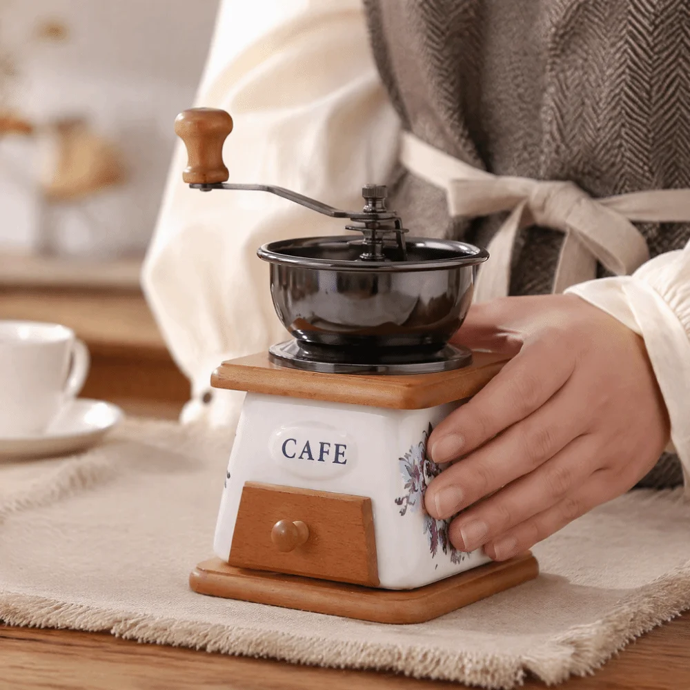 Ceramic Manual Coffee Grinder Vintage Nonslip Base Coffee Bean Grinder Elegant Rustic Hand Crank Grinder Travel