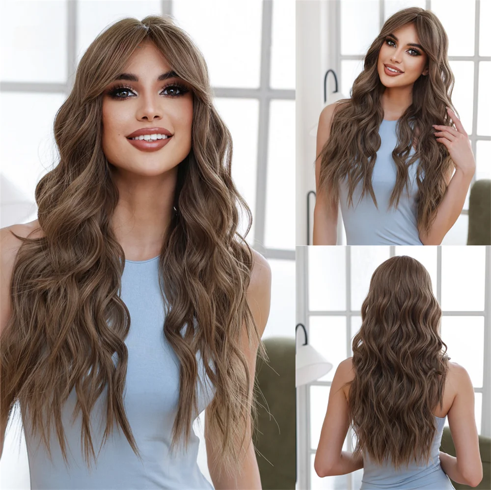 

Chocolate Brown Long Wavy Synthetic Long Bang Natural Cosplay Daily Party Hair Wigs for Women Heat Resistant