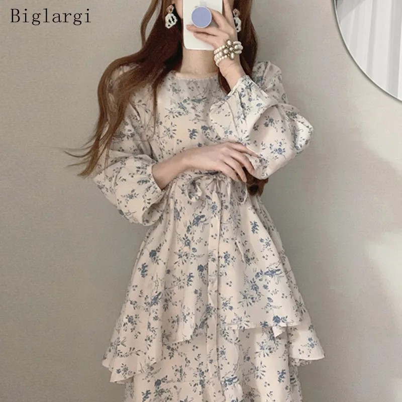 

Women's Puff Sleeve Chiffon Floral Print Midi Dress, Korean Casual Lace Up Summer Dress, New, 2024